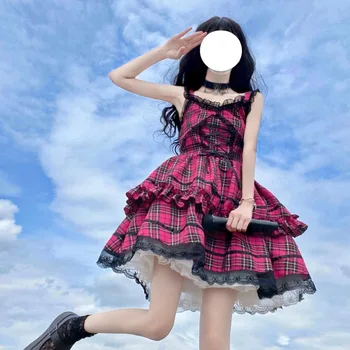 Japonês Dark Gótica Jsk Lolita Diário Y2k Xadrez Lolita JSK Suspender Vestido das Mulheres de Verão Vitoriana Vintage Arco Babados Mini Vestido