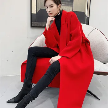 High-end de Outono Inverno 2021 Vermelho Longo Casaco de Lã Mulheres coreano Cinto de Moda Slim duas Faces de Cashmere Terno Gola Projetado Casaco