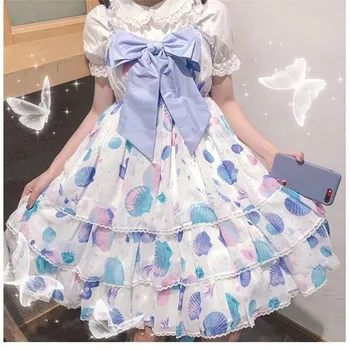 Princesa lolita pulseira azul vestido vintage falbala cintura alta a impressão vestido vitoriano kawaii girl gótico lolita cosplay loli