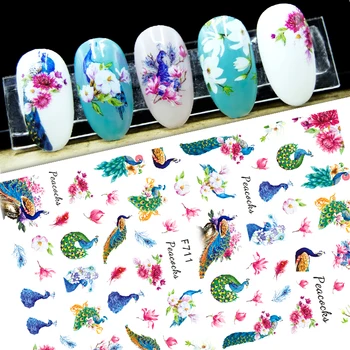 3D Prego Decalques Auto-adesivas para Unhas Bonitas Pavão Flores Pássaro Adesivos para a Decoração da Arte do Prego