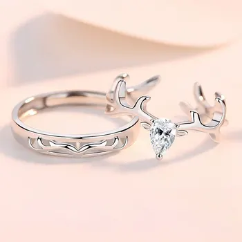 Simples Cristal De Chifres De Alce Anéis Ajustáveis De Chifre De Veado Zircão Amantes Casais Anéis Para Mulheres, Homens Envolvimento De Jóias De Casamento Presentes