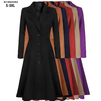 Moda Inglaterra Estilo Blusão De Nylon Womens Outono Inverno Elegante Trench Coats Longo Fino De Lã Vestuário Casual, Vestido De Jaqueta De