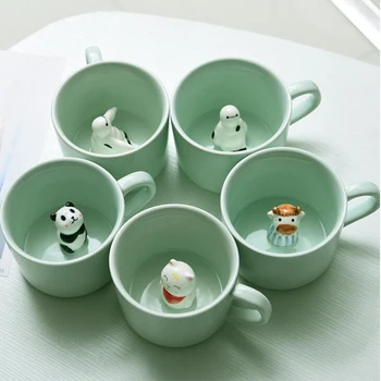 Criativo Taça de Cerâmica Caneca de café 3D de Leite Com Animais Bonito dos desenhos animados do Panda Coelho Tee resistente ao Calor Celadon