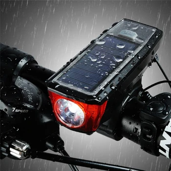 A Luz de bicicleta Dianteiro e Traseiro Solar Powered USB Recarregável 2 em 1 DIODO emissor de Luz de Moto +Bell Chifre de Acessórios de Ciclismo Lanterna Lâmpada