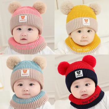 Bebê de inverno, chapéu e lenço bonito pompom gorro de bebê para meninas e meninos 3-24 meses
