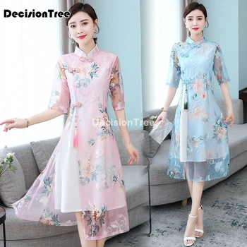 2023 chinês vestido chinês tradicional vestido para as mulheres cheongsam qipao de seda, roupas retro qi pao estilo oriental vestido cheongsam