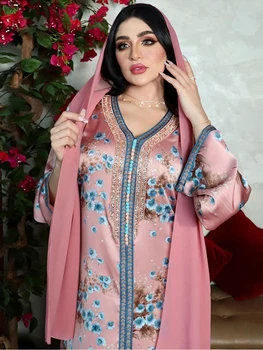 Diamantes Jalabiya Estampa Floral Mulheres De Longa Vestimenta Árabe Marroquino Tranças Dubai Abaya Noite De Festa Vestido De Baile Ramadã Muçulmano Manto