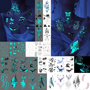 Azul Brilhante Borboleta Das Ondas Do Mar Tatuagens Temporárias Para As Mulheres Os Homens Que Brilham No Escuro, Brilho De Penas De Falso Etiqueta Da Tatuagem Luminosa