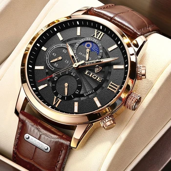 LIGE as melhores marcas de Moda de Luxo Homens Relógio Casual Esporte em Couro Relógio de Quartzo para Homens Relógio Cronógrafo relógio de Pulso Relógio Masculino
