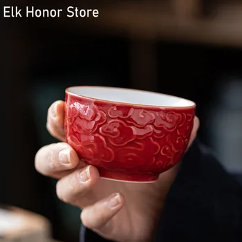 90ml Retro em Relevo Auspicioso Nuvens Arte Cerâmica Xícara de Chá de Família Grande Pessoais Único Mestre Xícara de Chá de Kung Fu Teaware