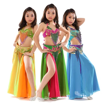 Crianças Desempenho da Fase de Dança do Ventre Roupas Conjunto de 3 peças Orientais Roupa Sutiã, Cinto, Saia Meninas Frisado Dança do Ventre Traje #868