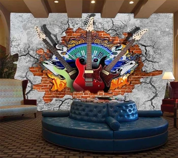 Papel de parede personalizado 3D papier peint guitarra rock parede de tijolos KTV na parede do fundo bar restaurante cafe pintura de decoração em 3d papel de parede