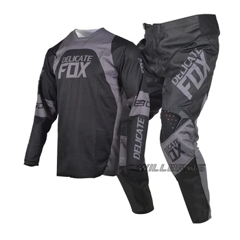 180 Trice Lux Conjunto de Engrenagens de Corrida de Motocross Jersey Calças Delicado Fox MTB Bicicleta de Ciclismo de Kits de Offroad Cinza Escuro Terno de Homens