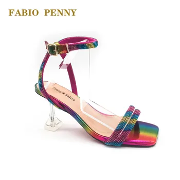 FABIO CENTAVO sexy Novo arco-íris de brilho de diamante salto alto Quadrado toe de salto alto sapatos femininos Jantar sandálias das mulheres